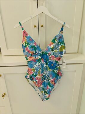J. Crew  NWT Floral One-Piece Swimsuit in Periwinkle Blue, Pink & Green Size 10